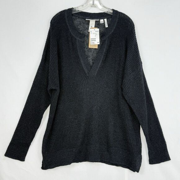 H&M Women’s Dark Blue Deep V Neck Long Sleeve Sweater Pullover Sweatshirt Size L - Picture 3 of 16